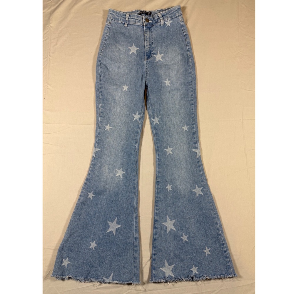 Nasty Gal Star Print High Waisted Flare Jeans Light Wash Bell Bottoms US 6